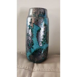 vintage west germany vase 10x4.5 Inches turquoise‎ Silver ceramic MCM pottery